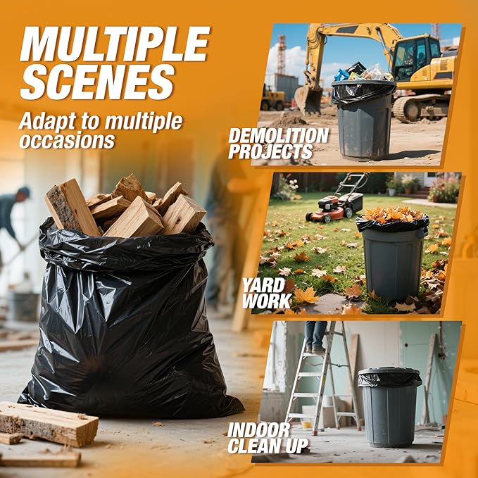 Heavy Duty Contractor Trash Bags 55-60 Gallon, 30 Count, 1.5Mil Extra Thick, Strong Black Garbage Bags, Leakproof Star Seal for Construction, Yard, Demolition Debris
