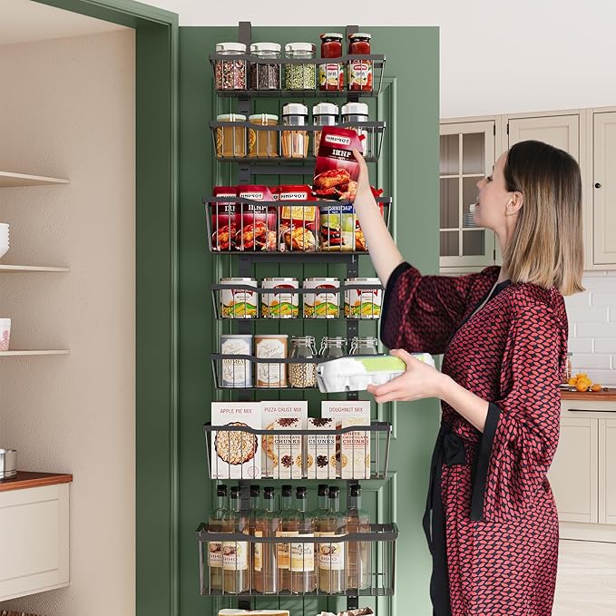 Over The Door Organizer,8-Tier Over The Door Pantry Organizer with Adjustable Baskets,Metal Hanging Pantry Organizers and Storage for Kitchen, Back of Door Seasoning Rack (Black)