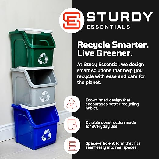 Multi Recycling Bin System with Three Stacking 6 Gallon Bins with Carrying Handles, Stackable and Compact for Offices, Homes, Garages, Businesses - (Green, 3 Pack)
