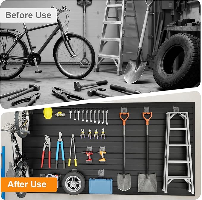 DoCred Slatwall Paneling Organizer, 4x7.5 FT PVC Garage Slat Wall Storage Systems, Heavy Duty Mounted Slat Peg Board for Tool Organization Ladder Bike Includes 20 PCS Hooks Accessories Kit (Black)