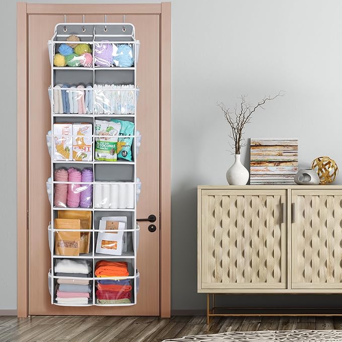 Univivi Over the Door Organizer 6 Tiers, Extra Large Door Hanging Organizer with Clear Deep Pockets Over the Door Storage for Closet, Bedroom, Nursery, Bathroom and Pantry (Grey)
