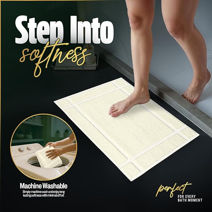 Pearl Linens Pack of 2 100% Cotton Bathmat 20x30 inches, Soft & Absorbent Quick Dry Bathroom Mat Set, Not Bathroom Rugs, After Shower Mat, Bath Tubmat, 687 GSM, Machine Washable, Ivory