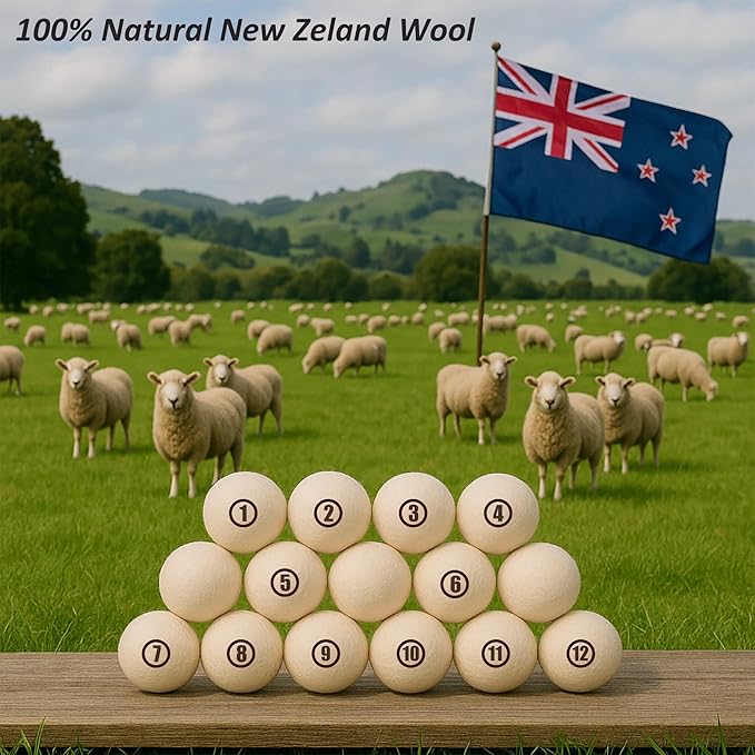 Sheep Wool Dryer Balls 12 Pack XXL(3.1") Premium Natural Fabric Softener, Reusable Laundry Dryer Balls for Reducing Drying Time, Static and Wrinkles, Eco-Friendly – 100% New Zealand Wool