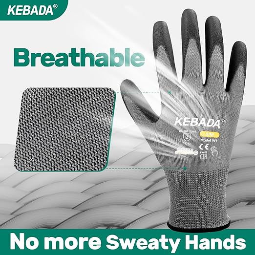 Kebada W1 Work Gloves for Men and Women, PU Coated Safety Gloves with Grip, Touchscreen, Ideal for Warehouse Package Handling, Construction, Gardening, 12 Pairs Gray Small