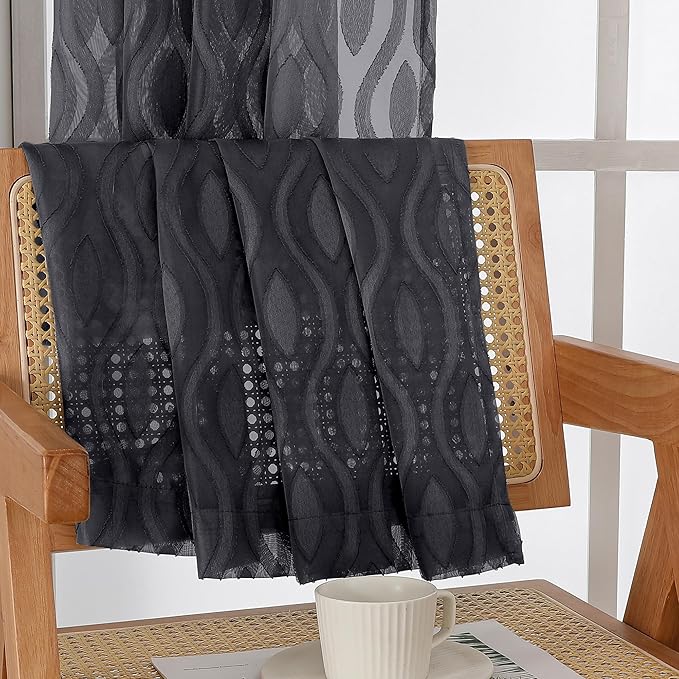 Aiyufeng Sheer Black Curtains 84 Inches Long 2 Panels, Solid Airy Light Filtering Clip Jacquard Window Treatments for Bedroom Living Room, Modern Wavy Line Rod Pocket Curtains, Total 80 inches Width