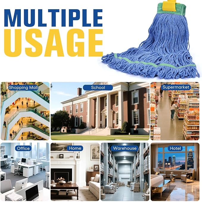 Matthew Cleaning Commercial Mop Head Replacement, 5 Inch Wide Headband, Looped End Cotton Blend String Wet Mops for Floor Cleaning, 18 oz Medium, Case Pack 12 Pcs Blue