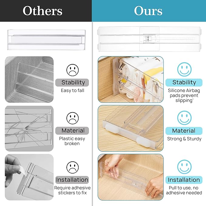 Vtopmart 4 Pack Drawer Dividers for Clothes, 4" High 10.2"-16.6" Adjustable Expandable Dresser Drawer Organizer, Clear Plastic Separators for Dresser, Baby Clothing, Underwear, Cosmetic, Toiletries