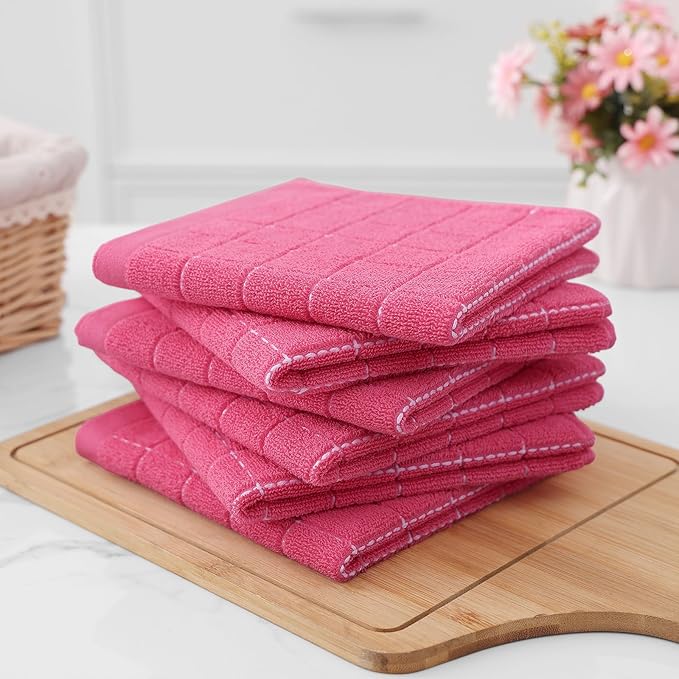 Homaxy 100% Cotton Terry Kitchen Dish Cloths, Ultra Soft and Absorbent Dish Towels for Kitchen, Suitable for Drying and Washing Dishes, 12 Pack, 12 x 12 Inches, Rose Red
