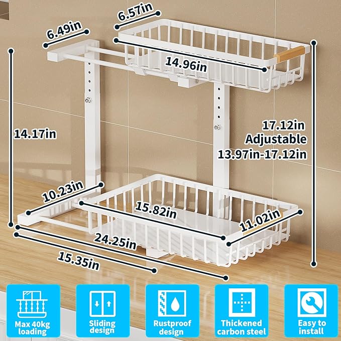 Under Sink Organizer, 2 Tier Slide Out Under Sink Organizers and Storage, Height Adjustable Pull out under cabinet storage, Metal Bathroom Kitchen Sink Organizer,2 Pack
