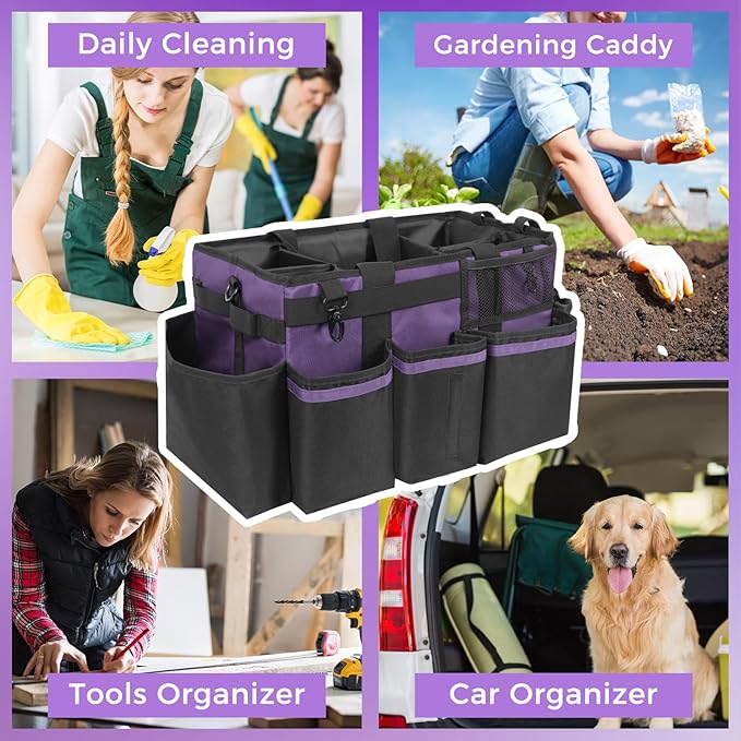Wearable Cleaning Caddy, Cleaning Caddy Supplies Organizer with Handle & Shoulder Straps for Housekeepers, Under Sink & Car Cleaning Tool Organizers Bag with 4 Foldable Divider (Purple)