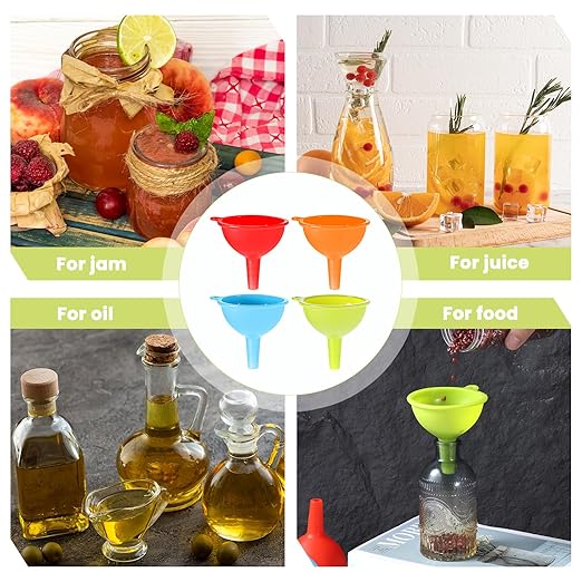 4 Pack Kitchen Silicone Funnel, Kitchen Funnel Set, Canning Silicone Funnels, Wide Mouth Canning Funnels for Jars Bottles, Liquid Oil Transfer, Multi Color