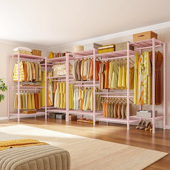 Raybee Clothes Rack,Clothing Racks for Hanging Clothes Heavy Duty,Adjustable Garment Rack with Shelves,Rolling Clothes Rack Max Load 905LBS,75" W x 77" H x 17.8" D Pink