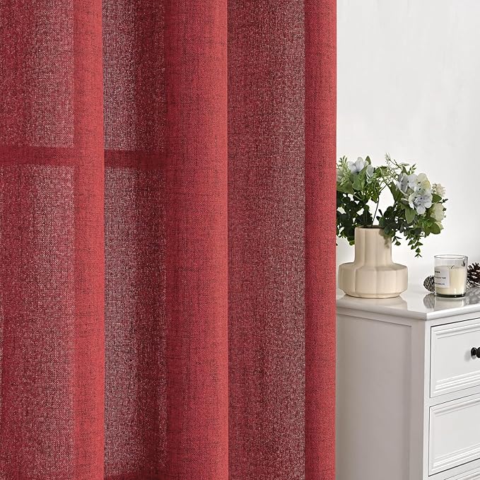 YoungsTex Red Linen Semi Sheer Curtains 72 Inch Length for Living Room - Light Filtering Drapes with Back Tab Rod Pocket Privacy for Bedroom Christmas Decor, 2 Panels, 52 X 72 Inch