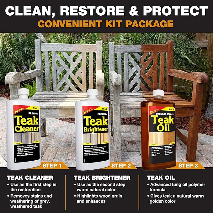 STAR BRITE Teak Care 3 Step Kit - Teak Cleaner + Teak Brightener + Teak Oil - 16 OZ (081216)
