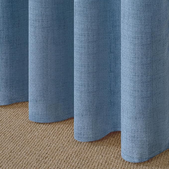 YoungsTex Denim Blue Linen Curtains 48 Inch Length for Short Kitchen Window, Semi Sheer Drapes Light Filtering with Rod Pocket Back Tab for Bathroom Living Room, 2 Panels, 42 X 48 Inch