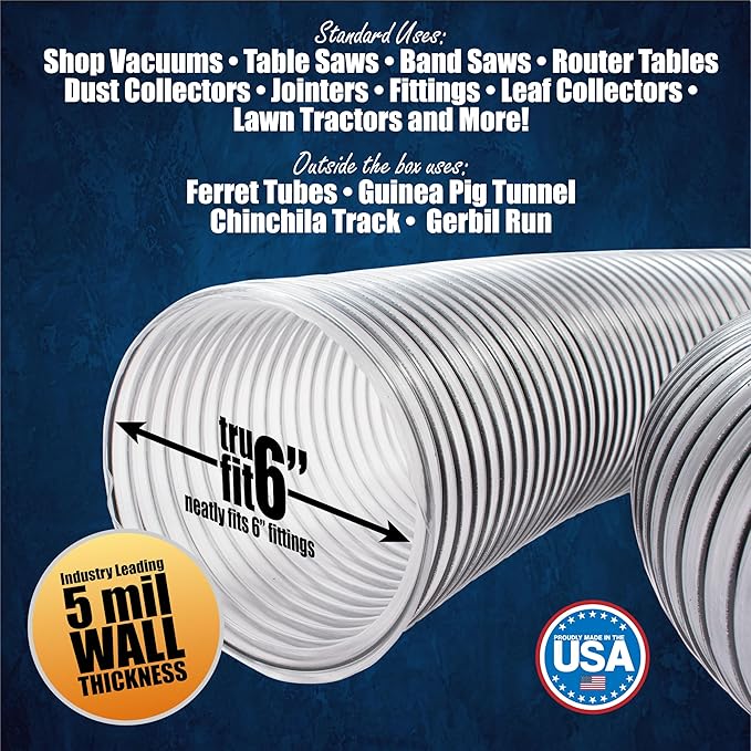 PVC Dust Collection Hose w/4 Thumbscrew Clamps, Puncture Resistant, Carbon Steel Wire, Clear Flexible PVC Dust Collector Hose, Proudly Made in USA (6" x 10')