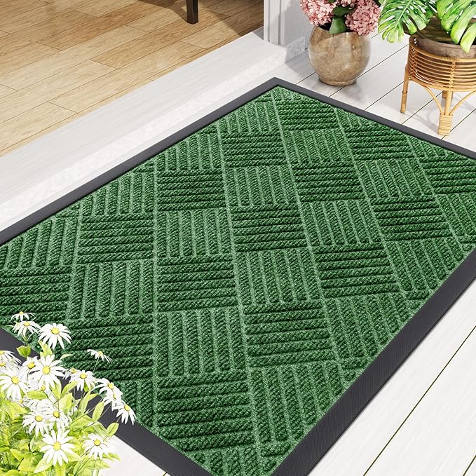 Smiry Front Door Mat Outside Entrance, Heavy Duty Outdoor Indoor Natural Rubber Doormat, Non Slip, Trap Dirt and Moisture, Easy Clean, Low Profile Patio Porch Entryway Mat, 71x47, Green
