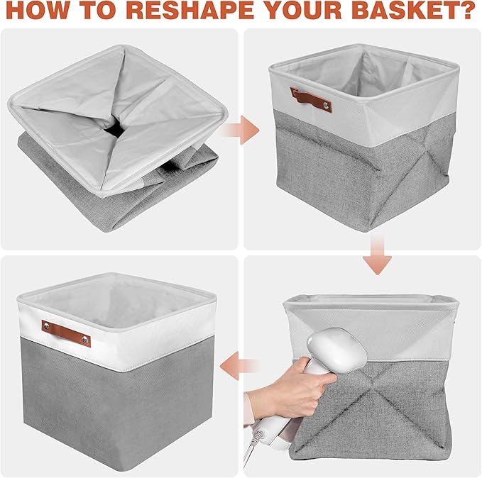 13in Open Fabric Storage Basket with Leather Handles for Organizing, Collapsible Linen Closet Bins for Shelves, Closets, Laundry, Decorative Basket for Gifts. (White&Gray, 3PCS/13x13in)