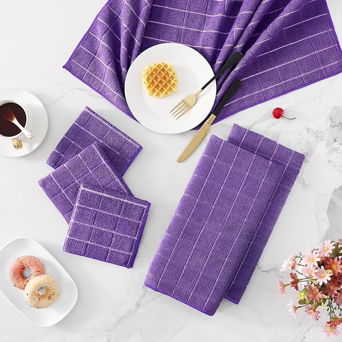 Homaxy Microfiber Kitchen Towels and Dishcloths Set, 12 Pack Soft and Absorbent Dish Hand Towels Bulk, 28 x 16 Inch & 12 x 12 Inch Quick Drying Rags for Washing Dishes, Purple