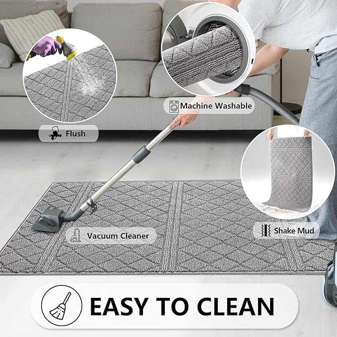 REFETONE Indoor Doormat, Front Back Door Mat 16"x24" Absorbent Rubber Backing Non Slip Door Mats, Low-Profile Resist Dirt Rugs, Machine Washable Door Rug Inside Floor Mat for Entryway, Light Grey