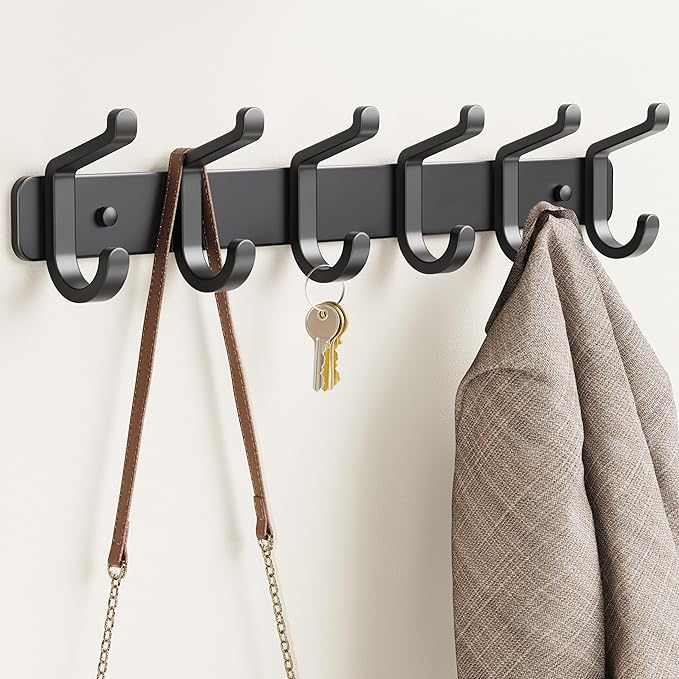 Coat Rack Wall Mounted Heavy-Duty: Metal Coat Hanger 6 Hooks for Hanging Hat, Clothes, Robe, Keys, Backpack, Bathroom Towels, Jacket, Purse - Closet, Door, Entryway, Mudroom (Black, 1 Pack)