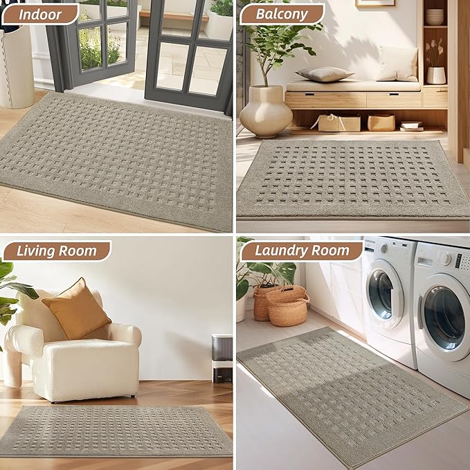 BEQHAUSE Waffle Door Mats Indoor 24"x36", Dog Mat for Muddy Paws Absorbent and Dirt Resist Floor Mats Non-Slip Washable Rugs for Entryway, Welcome Mat for Front Back Door, Muddy Wet Shoes, Beige
