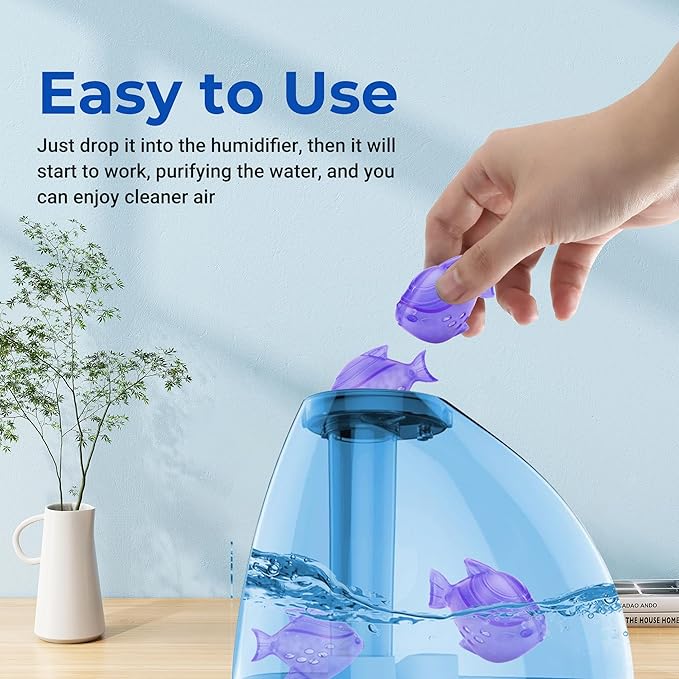 Funmit 12 Pack Universal Humidifier Cleaner Fish Compatible with Almost All Humidifiers and Fish Tanks, Equipped with Silver Ion Filter Balls, Prevents Hard Water Build-Up, Reduces Scale, Purple