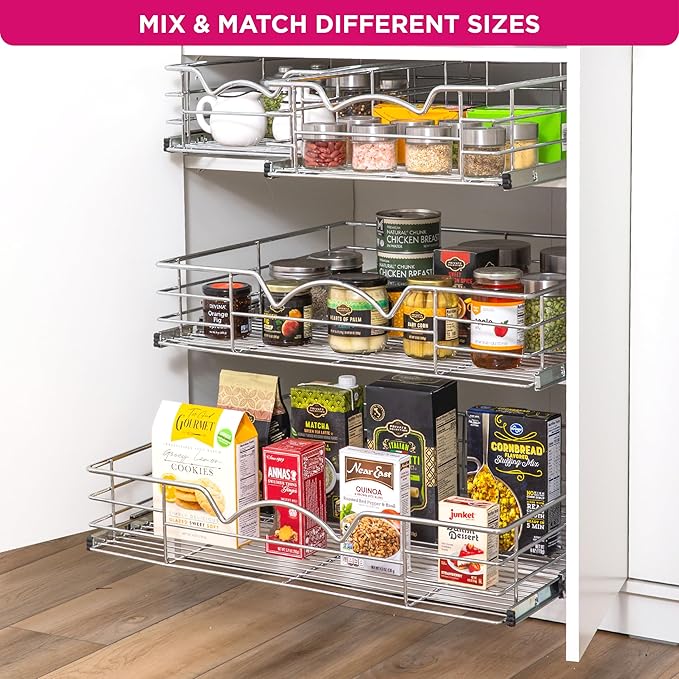 HOLDN’ STORAGE Heavy-Duty Premium Collection Pull Out Cabinet Organizer, Cabinet Drawer Slide Outs, Lifetime Limited Warranty - Basket Size 11" W x 21" D x 5" H, Anti-Rust Chrome Finish