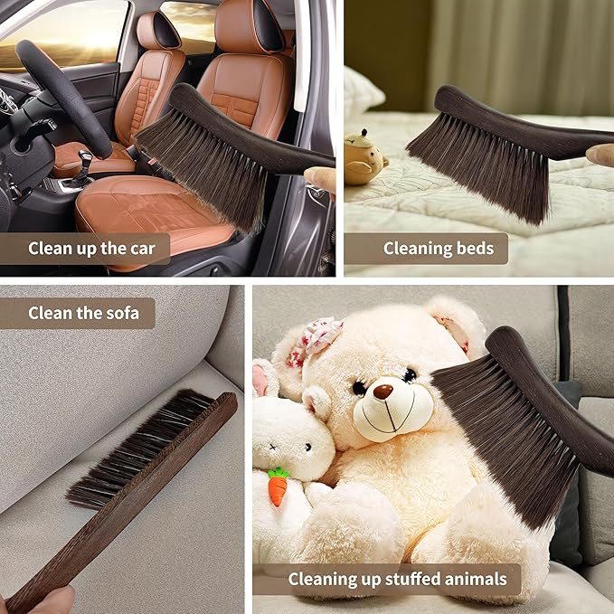 Hand Broom Brush, Wooden Handle Soft Bristle Cleaning Dust Brush,Bench Brushes with Bristlesfor Furniture, Bed, Car, Bench, Crevice Cleans, Sofa, Fireplace, Clothes(Curved Handle)