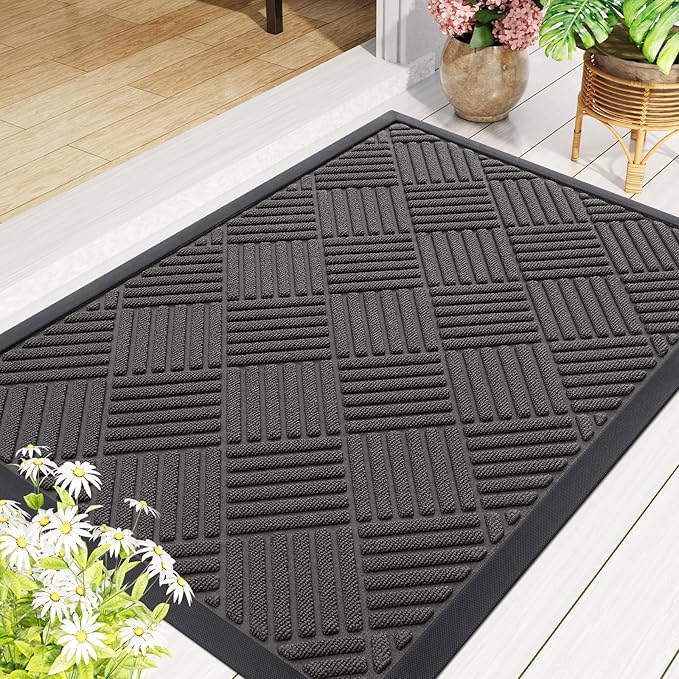 Smiry Front Door Mat Outside Entrance, Heavy Duty Outdoor Indoor Natural Rubber Doormat, Non Slip, Trap Dirt and Moisture, Easy Clean, Low Profile Patio Porch Entryway Mat, 59x23, Grey