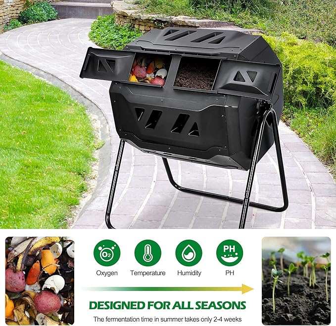 Nova Microdermabrasion 43 Gallon Compost Tumbler Bin Composter Dual Chamber BPA Free Compost Bin Outdoor Rotating Garden Yard Waste Bins