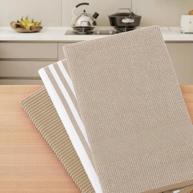 Homaxy Premium Kitchen Towels(18”x 28”, 3 Pack), Large Cotton 380 GSM Kitchen Hand Towels, Soft and Absorbent Terry Dish Towels, Multipurpose Tea Towel Set with Hanging Loop, Khaki