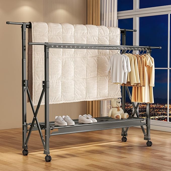 Heavy Duty Rolling Clothing Rack with Wheels, Portable Double Rod Metal Garment Rack, Clothes Drying Hanging Organizer for Laundry, Storage, Freestanding Adjustable Coat Hanger (Extendable, Grey)