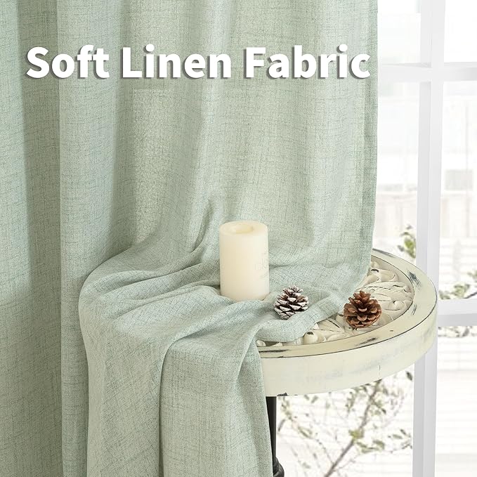 YoungsTex Sage Green Linen Semi Sheer Curtains 45 Inch Length for Kitchen Window, Light Filtering Short Drapes with Rod Pocket Back Tab for Bathroom Bedroom, 2 Panels, 42 X 45 Inch