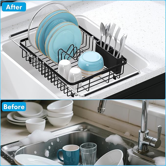 JASIWAY in Sink Dish Drying Rack, Expandable Stainless Steel Dish Drainers for Kitchen Sink, Over Sink Dish Drying Rack with Utensil Holder, 13.1''~16.6''D x 11.8''W, Black