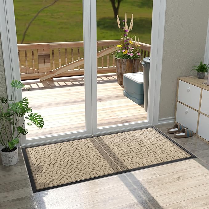 Yimobra Large Door Mat Outside Entrance 47x24, Waterproof Heavy Duty Outdoor Mats for Front Door, Non Slip Rubber Entry Mat for Garage Patio, Easy Clean, Light Beige