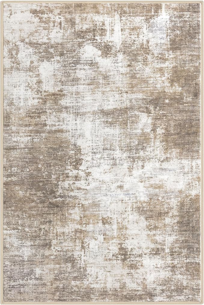 IOHOUZE Abstract Area Rugs 9x12 Ft Washable Large Rugs for Living Room, Non Slip Dining Room Rug, Printed Faux Wool Rugs for Bedroom, Floor Carpet for Office Nursery Playroom, Beige Brown