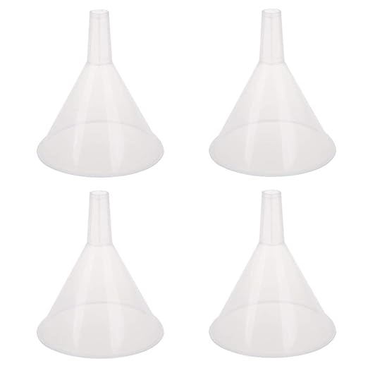 DEDC 4 Pack Clear Plastic Filter Funnel, Small Oil Funnels for Filling Bottles, Liquid Transfer Funnel for Kitchen, Laboratory, Garage, Car, 5.9 inch Dia Mouth