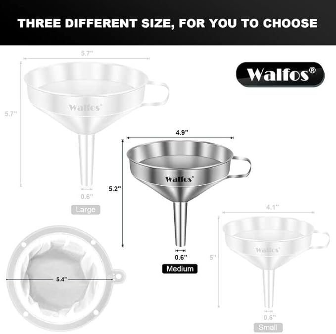 Stainless Steel Funnel, Walfos Kitchen Funnel with 2 Removable Strainer ＆ 1Pc Cleaning Brush, Perfect for Transferring of Liquid, Oils, Jam, Dry Ingredients & Powder (Big, 4.9")