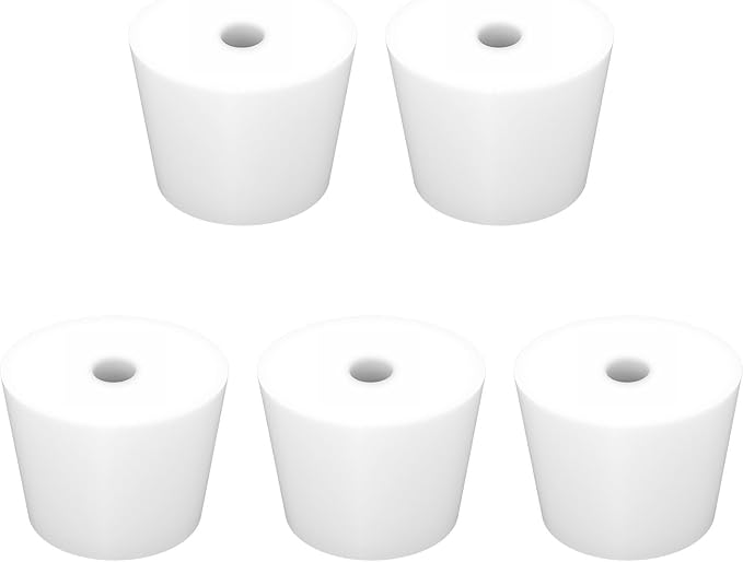 Labasics 5-Pack 9# Single-Hole Silicone Stoppers, White Tapered Lab Seal Stoppers with 0.31" Hole, Durable and Reusable Silicone Plugs for Laboratory Glassware, Airtight Sealing, and Experiments