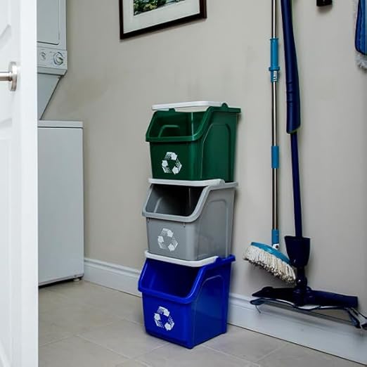 Multi Bin Recycling System with Three Stackable 6 Gallon Recycle Bins to Build Your Recycling Center for Offices, Kitchen, Garages, Businesses (3 Pack, Blue/Grey/Green)
