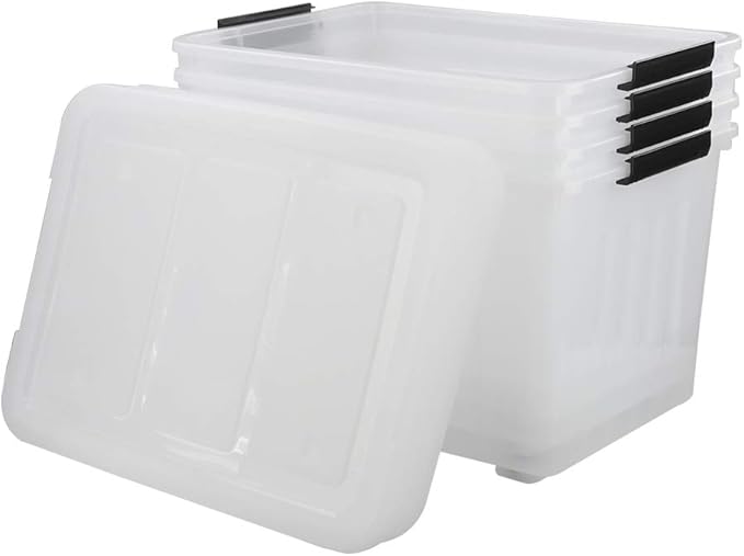 70 L Clear Plastic Large Storage Box with Wheels, Set of 4 LargeLatch Plastic Box for Storage