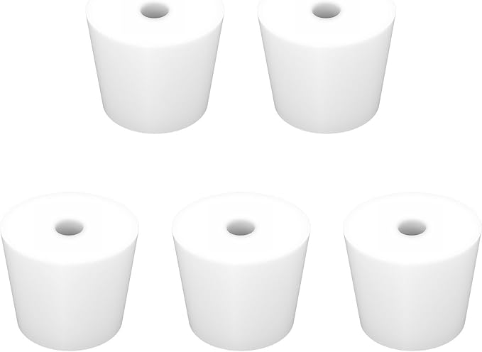 Labasics 5-Pack 7# Single-Hole Silicone Stoppers, White Tapered Lab Seal Stoppers with 0.31" Hole, Durable and Reusable Silicone Plugs for Laboratory Glassware, Airtight Sealing, and Experiments