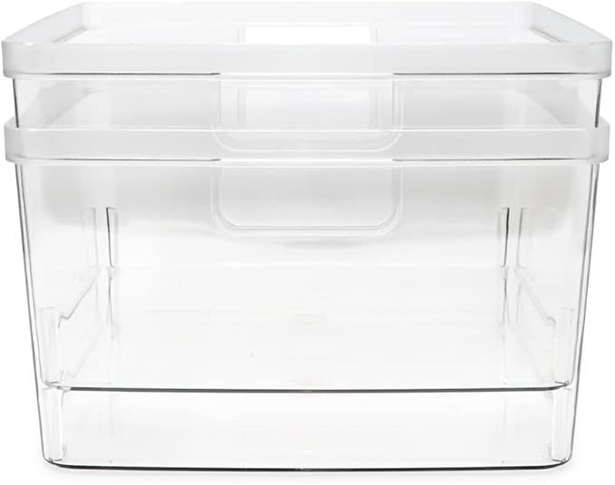 Isaac Jacobs 2-Pack Square Clear Storage Bins (10” L x 10” W x 6.1” H) w/Cutout Handles, Plastic Organizer for Home, Office, Kitchen, Fridge/Freezer, Bathroom, BPA Free, Food Safe (2-Pack, Square)