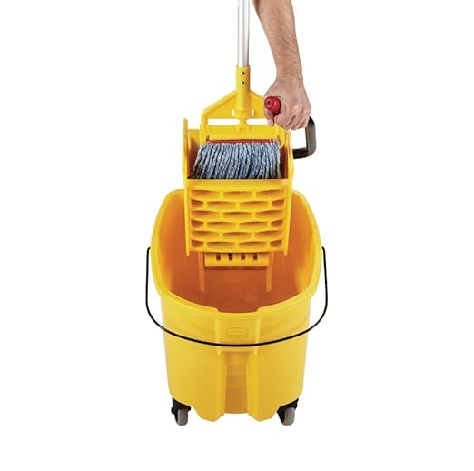 Rubbermaid Commercial Products WaveBrake 35 Qt. Side-Press Mop Bucket and Wringer Combo on Wheels Yellow for Professional/Industrial/Business Heavy-Duty Floor Cleaning/Mopping