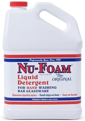 Nu-Foam Liquid Detergent for Bar Glassware – Original Streak-Free Solution - Hand Washing Bar, Tavern, Brewery Supplies - Spotless Serving Glasses - Concentrated- Easy On Hands - 1 Gallon- 4 Pack Case