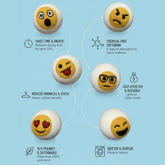Ezhippie Quality Wool Dryer Balls - 6 XL Emoji Pack - 1000+ Loads - Pure Organic Wool - Reusable Natural Fabric Softener Perfect with Essential Oils, Reduce Clothing Static and Wrinkles