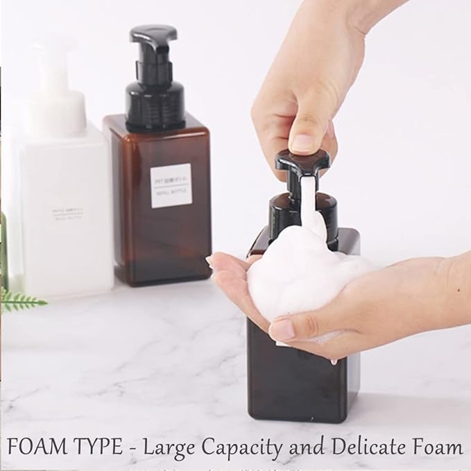 Foaming Soap Dispenser, 450ml(16oz) Refillable Modern Square Pump Bottle for Shampoo, Body Wash, Liquid Soap, PETG Plastic Empty Soap Dispenser for Kitchen, Bathroom, Hospital. 2 Pcs (Brown)