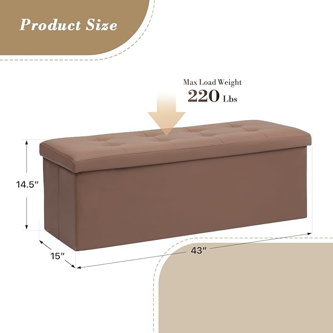 Athena Collection 43" Storage Ottoman Bench Folding Bench with 130L Hidden Storage, Large End of Bed Bench PU Leather Foot Rest Stool Chest with Flipping Lid for Living Room, Bedroom, Entryway, Brown