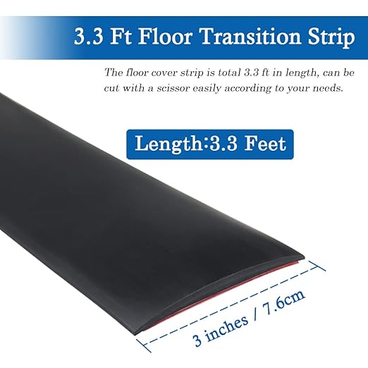 Floor Transition Strip Self Adhesive Floor Cover Strips Laminate 3" Wide Vinyl Flat Divider Transitions (7.5cm, 3.3Ft, Black)